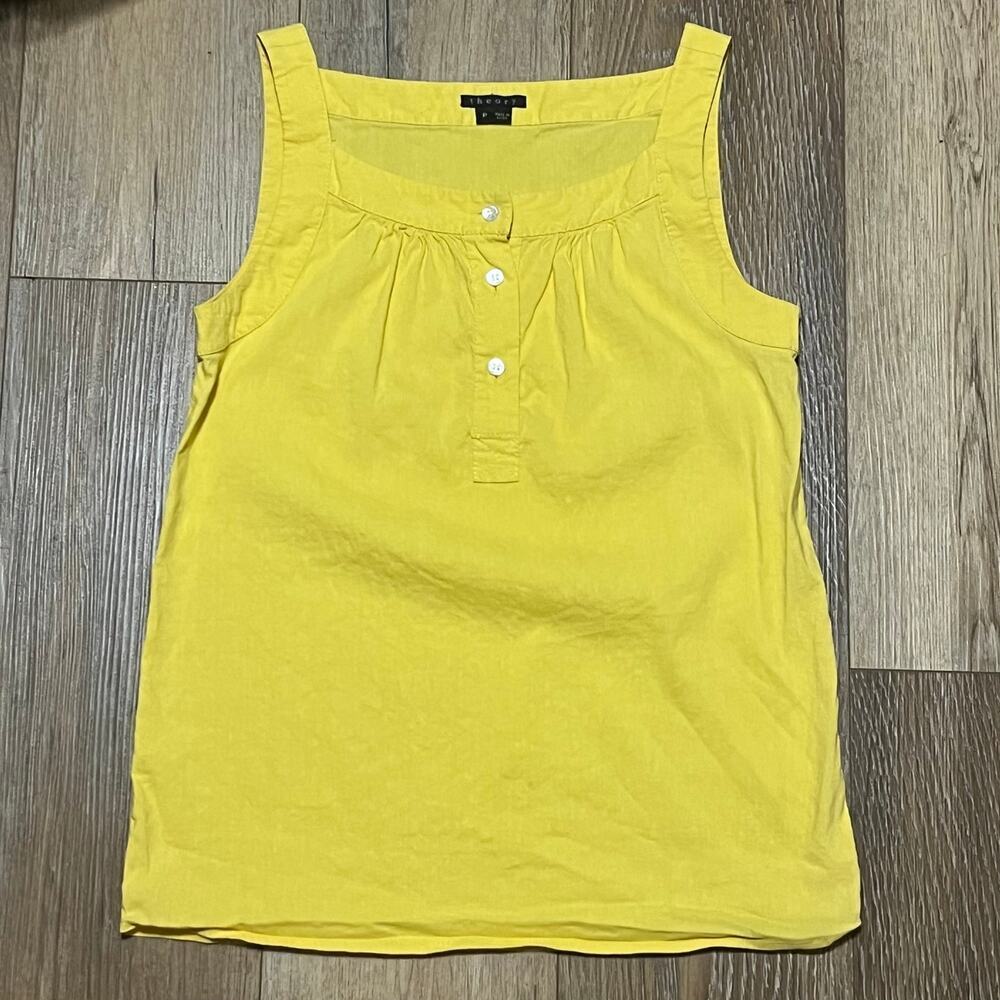 Theory Women’s Linen Sleeveless Tank Top Blouse Button Front Petite Yellow Beach